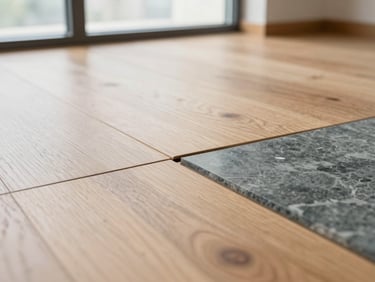 Tight macro shot of flawless transitions between different commercial floor types, neat joints, professional installation, bright natural light, 35mm