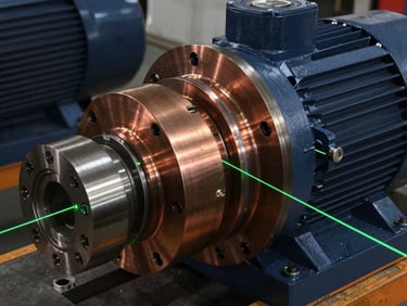 Laser alignment tool set up on an industrial motor and pump coupling, showing precise green laser lines, high-contrast workshop lighting, sharp focus, 35mm