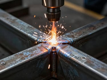 Close-up of a flawless structural steel weld joint, AWS standard inspection, high-contrast industrial lighting