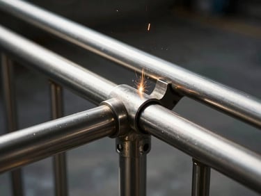 Extreme close-up of seamless metal joints on a luxury stainless steel railing, sharp focus, 35mm