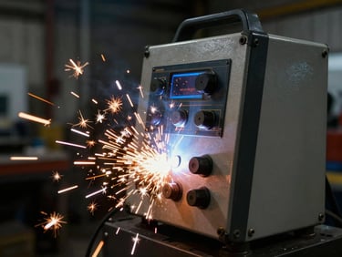 Close-up of a mobile welding rig control panel with tools, sparks in the background, dramatic lighting