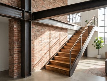 Architectural detail of a renovated loft, raw steel beams intersecting exposed brick, warm timber stairs, bright natural daylight, 35mm lens.