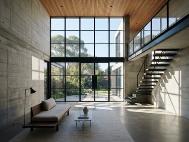 Double-height concrete interior of a modern house, minimalist black steel window frames, warm timber ceiling panels, 35mm lens.