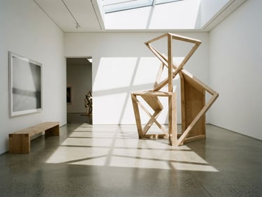 Bright minimalist art gallery interior, polished concrete floor, raw timber accents, sharp geometric shadows cast by skylight, 35mm lens.