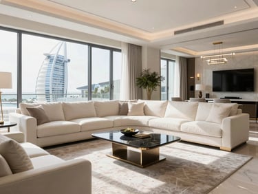 A pristine, newly arranged luxury living room in a Jumeirah villa, perfectly placed designer furniture, sunlight streaming through clean windows, editorial interior photography.