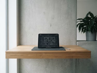 Minimalist architectural shot of a clean modern workspace, soft natural daylight casting subtle shadows on a concrete wall, a single tablet showing an open document on a wooden desk, 35mm lens.