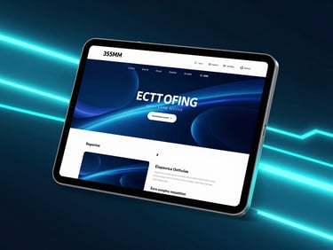 High-fidelity UI/UX mockup of a responsive web application on a sleek tablet device, surrounded by abstract neon teal and electric blue light trails, dark-mode tech aesthetic, sleek dark-mode tech photography, dramatic neon blue and cyan lighting, sharp focus, 35mm lens