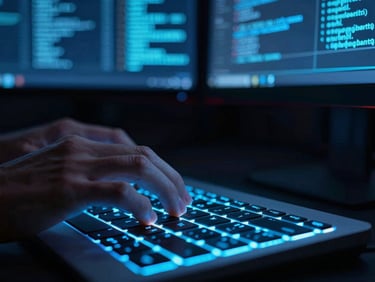 Macro close-up of a developer's hands typing on a glowing keyboard with neon blue syntax highlighting, reflecting data streams on a sleek dark-mode monitor, high-contrast studio lighting, sleek dark-mode tech photography, dramatic neon blue and cyan lighting, sharp focus, 35mm lens