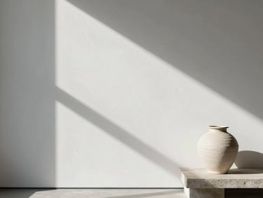 Wide architectural crop of soft daylight shadows falling across a blank white gallery wall, a single matte ceramic vessel on a stone ledge to the right.