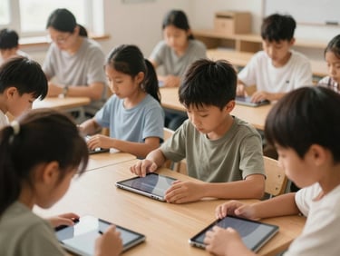 A group of children and adults collaboratively using digital tablets in a localized learning hub, natural light, focused on active engagement.
