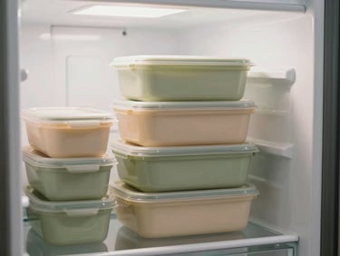 Organized meal prep containers stacked neatly in a clean modern refrigerator, soft lighting, organic tones, shallow depth of field, 35mm