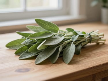 Fresh raw vegetables and herbs on a clean wooden prep table, soft natural window daylight, organic sage tone, shallow depth of field, 35mm