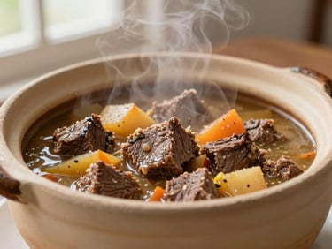 Close-up of traditional Brazilian beef stew with vegetables in a rustic clay pot, steam rising, natural light