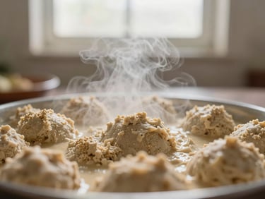 Warm steam rising from a freshly prepared traditional Brazilian dish, tight macro shot, soft natural daylight, organic sand tones, shallow depth of field, 35mm