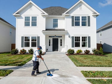 Wide shot of a clean house exterior after soft washing, bright natural daylight, crisp architectural lines, professional editorial style