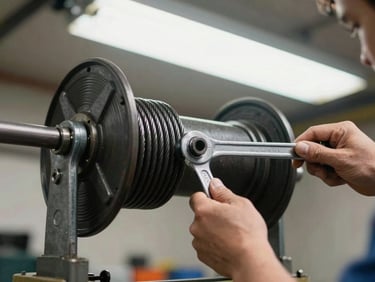 Close-up of a garage door torsion spring and cable drum assembly, a technician's hands using a wrench on the spring tension adjustment, bright overhead work lighting, sharp detail of metal hardware, documentary framing