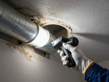 Tight close-up of a residential air duct interior, a technician's gloved hand holding an inspection camera toward the duct opening, bright work light illuminating accumulated dust layers on the duct walls, documentary framing