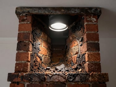 Top-down cross-section view into a residential chimney flue, inspection light revealing creosote buildup on brick walls, documentary overhead framing, no people