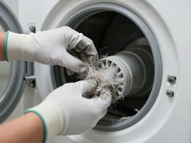 Technician's gloved hands extracting a dense lint clog from a residential dryer vent pipe, vent opening visible, bright utility lighting, tight detail shot