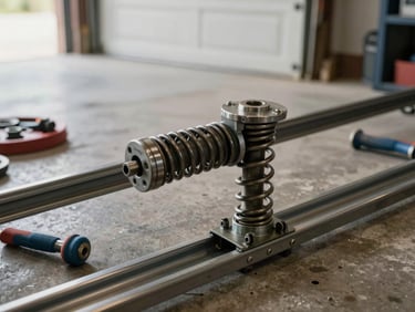 Close-up of a garage door torsion spring and track assembly, natural daylight from an open garage bay, tools resting on the track rail, documentary detail framing