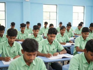 WE YSRCP volunteer leading a skill development workshop for Guntur youth in a well-lit community center, focused participants, bright natural daylight, clean blue and green accents, sharp focus, 35mm lens
