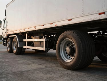Low-angle shot of a B-double trailer coupling gear and heavy-duty axles on a concrete depot pad, sharp focus, desaturated tones.