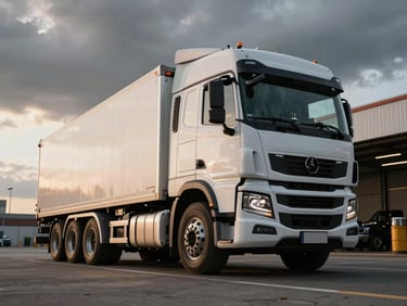 Heroic low-angle shot of a clean modern prime mover truck parked in a transport depot under dramatic overcast skies.