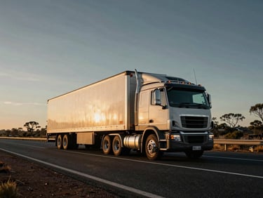 Low-angle heroic wide shot of a B-double trailer configuration on a sweeping Australian highway at golden hour, metallic textures catching the light.
