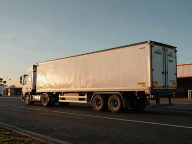 Heroic wide shot of a B-double trailer combination parked at an Australian logistics hub during golden hour.
