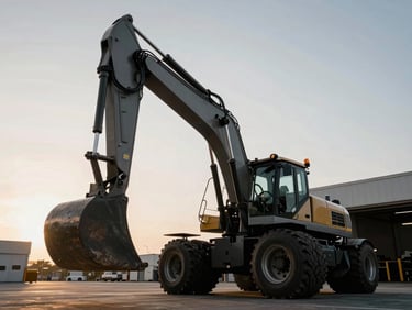 Low-angle dramatic shot of a clean heavy-duty prime mover parked in a transport depot under crisp overcast skies, focusing on the metallic chassis and coupling gear.