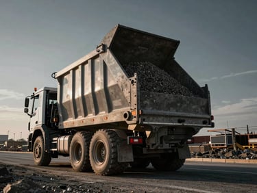 Low-angle action shot of a heavy-duty rigid tipper truck tipping gravel on a construction site, high contrast.