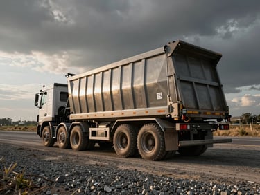 Heroic wide shot of a heavy-duty rigid tipper truck operating on a gravel site under dramatic overcast daylight, metallic textures emphasized.