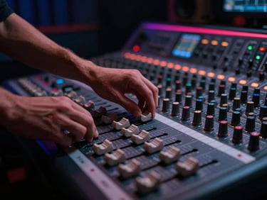 Hands adjusting faders on a professional sound mixing console in a dark studio with neon-tinged ambient light.