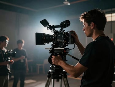 Behind-the-scenes of an active film set, camera operator framing a shot, dramatic high-contrast lighting, hazy atmosphere.