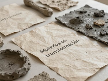Artwork from 'Materias en transformación' series, showing raw materials like clay or paper undergoing a process, high-detail texture, soft natural gallery lighting, editorial fine art photography, warm ivory and charcoal tones, high-detail texture, 35mm