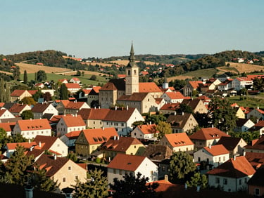 Wide environmental landscape of a historic European village nestled in hills, bright crisp daylight, 35mm look