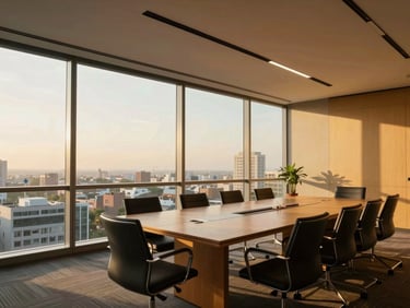 Wide environmental shot of a modern corporate meeting room in Monterrey with floor-to-ceiling windows, soft golden light hitting the conference table, clean architectural lines.