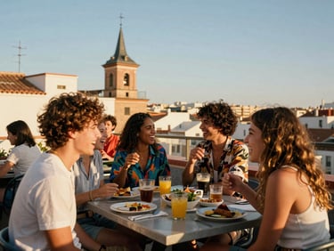 Candid medium shot of a diverse group of friends laughing on a sunny rooftop terrace in Madrid, vibrant atmosphere, warm golden-hour light, 35mm look