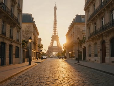 Cinematic wide shot of a historic Parisian street at sunrise, warm golden light reflecting on cobblestones, Eiffel Tower soft in the background, 35mm look
