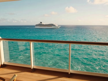 Luxury cruise cabin balcony overlooking the pristine turquoise waters of the Caribbean, sunny daylight, warm editorial travel photography