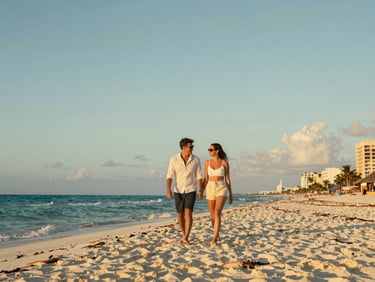 Candid medium shot of a couple walking on a white sand beach in Cancun under warm golden hour sunlight, editorial travel style