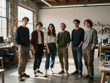 Candid environmental portrait of a creative team collaborating in a sunlit Peckham warehouse studio.