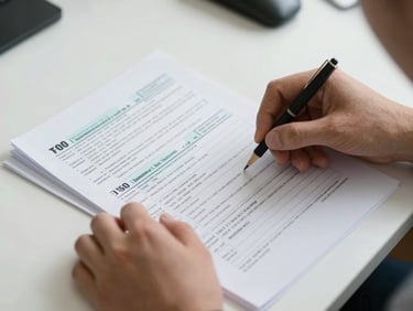 Close-up overhead of hands arranging tax documents and printed forms on a white desk, bright even office lighting, organized and precise layout