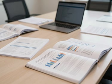 Wide shot of an organized meeting room table with open financial reports and a laptop, neutral office light, no people, clean surfaces