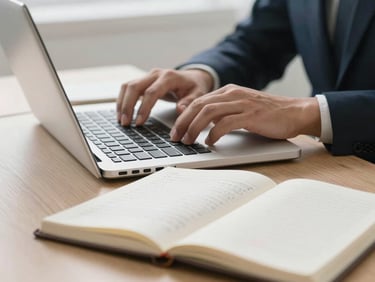 Hands typing on a laptop keyboard beside an open notebook with handwritten financial notes, bright neutral office light, focused and deliberate composition