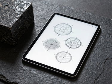 Overhead architectural workspace, clean flat-lay of a tablet displaying complex vector wireframes next to a rough, dark granite block, sharp shadows, cool ambient light.