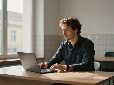 Entrepreneur seated at a minimal desk, direct side light from a tall studio window, laptop closed, hands resting on table, Lisbon tiles visible through blurred background