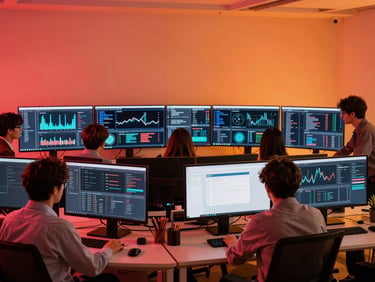 Modern office environment with team members collaborating over data screens, crisp high-contrast lighting with red gel highlights, 35mm.