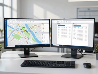 Straight-on clean office workspace with dual monitors displaying structured map data and official corporate registry documents on a desk, bright natural daylight, slate blue tones