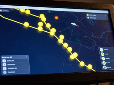 Close-up of a digital dispatch console displaying a map of active routes with glowing yellow GPS markers on active tow trucks, dark blue interface background.